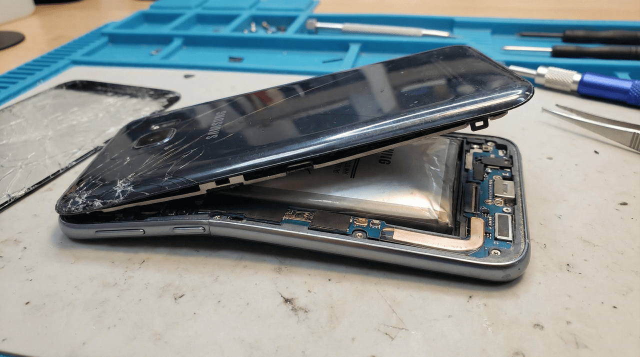 O primeiro indício visual costuma ser o descolamento da tampa traseira ou a elevação do display, criando uma fresta por onde a luz interna pode escapar.