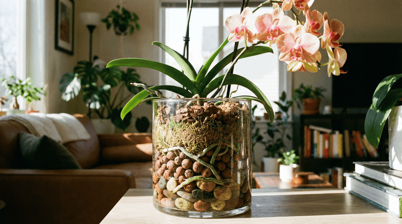 As raízes das orquídeas são órgãos complexos que precisam de oxigênio tanto quanto de água, e o uso de materiais porosos no fundo do vaso potencializa essa troca gasosa vital