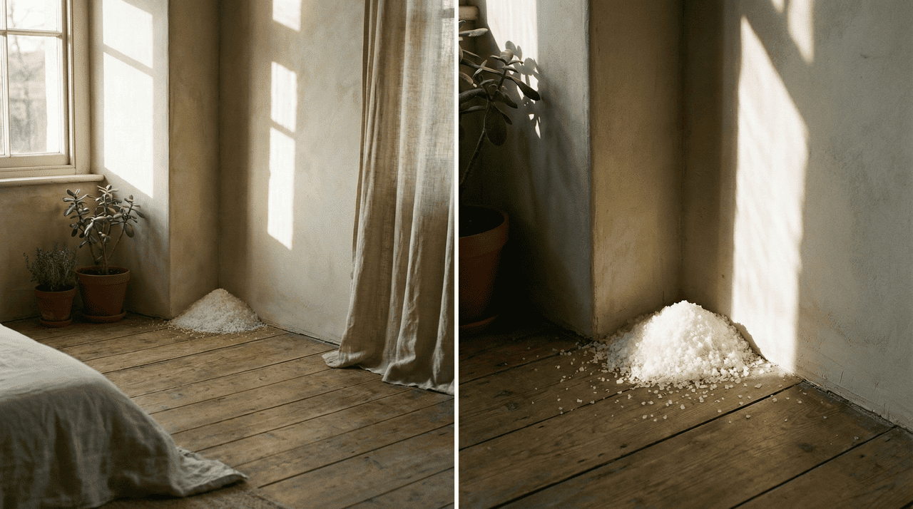 Os cristais de cloreto de sódio possuem uma estrutura molecular capaz de atrair e reter partículas de baixa vibração que tendem a se acumular em locais de pouca circulação de ar