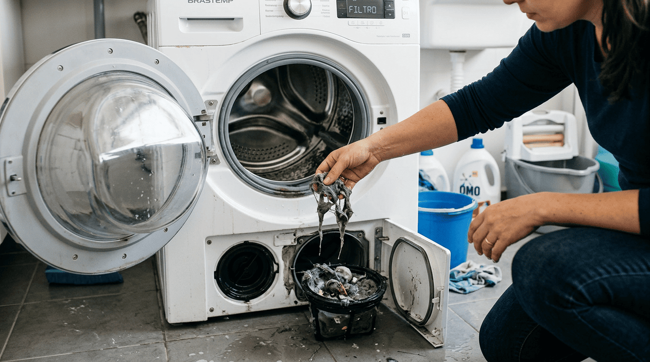 O acúmulo de sujeira e resíduos químicos dentro do tambor pode comprometer a qualidade da limpeza das peças de roupa ao longo do tempo.