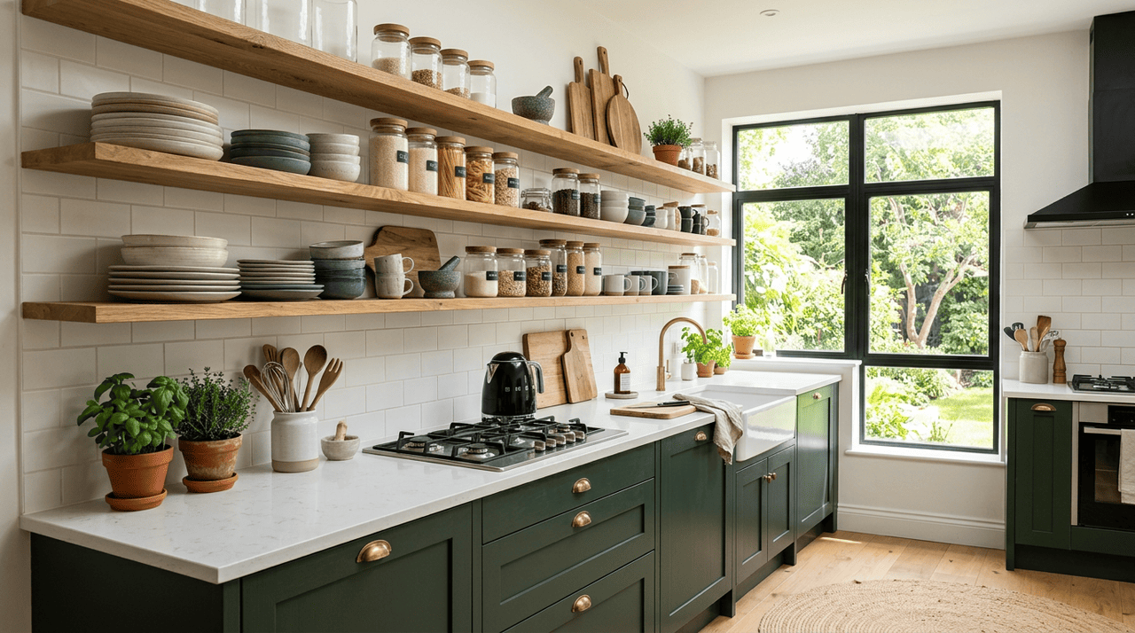 A substituição dos armários fechados por prateleiras abertas é o coração dessa tendência