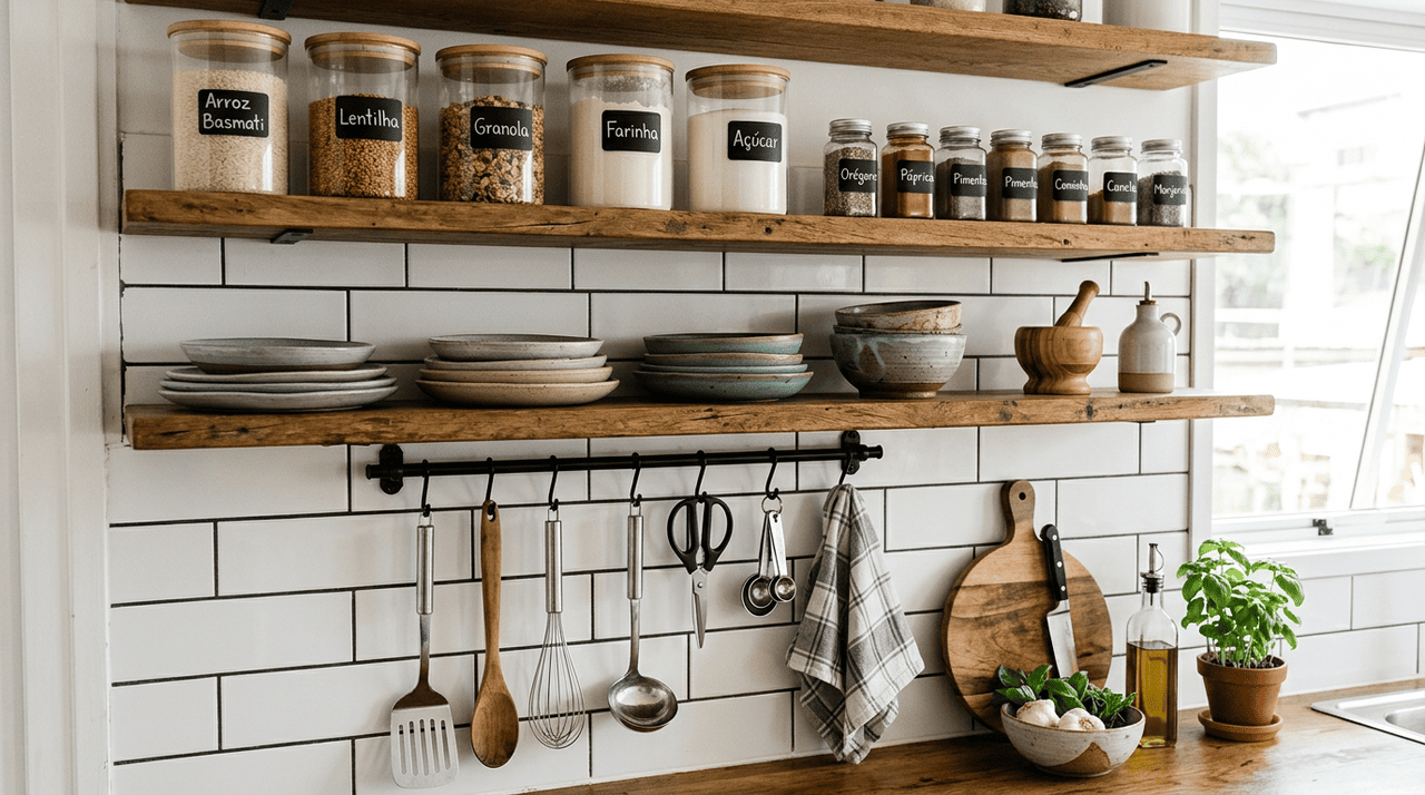 A substituição dos armários fechados por prateleiras abertas é o coração dessa tendência