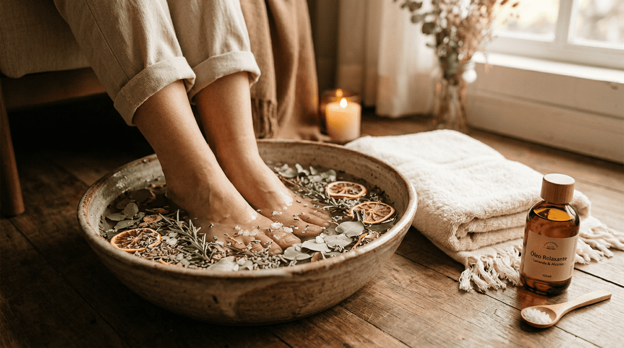 O escalda-pés relaxante consiste em mergulhar os pés em água morna por alguns minutos