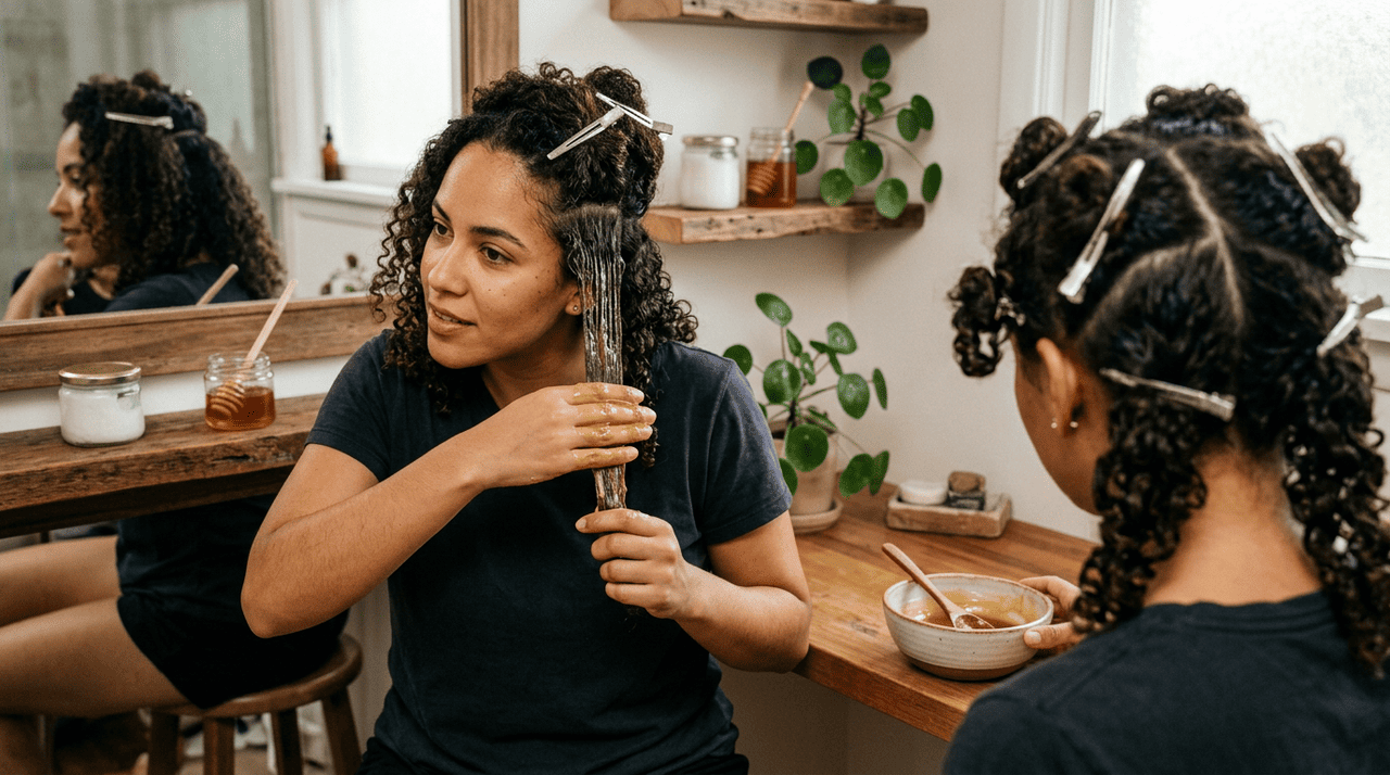 A mistura de mel e óleo de coco atua como uma “capa protetora” ao redor do fio, reduzindo a perda de água durante a lavagem e ajudando a reter a umidade presente no cabelo e no ambiente