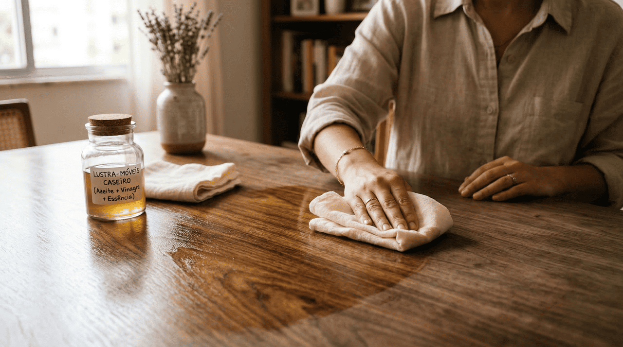 O lustra-móveis de óleo de coco com limão é uma mistura caseira feita com óleo de coco derretido e suco de limão recém-espremido.