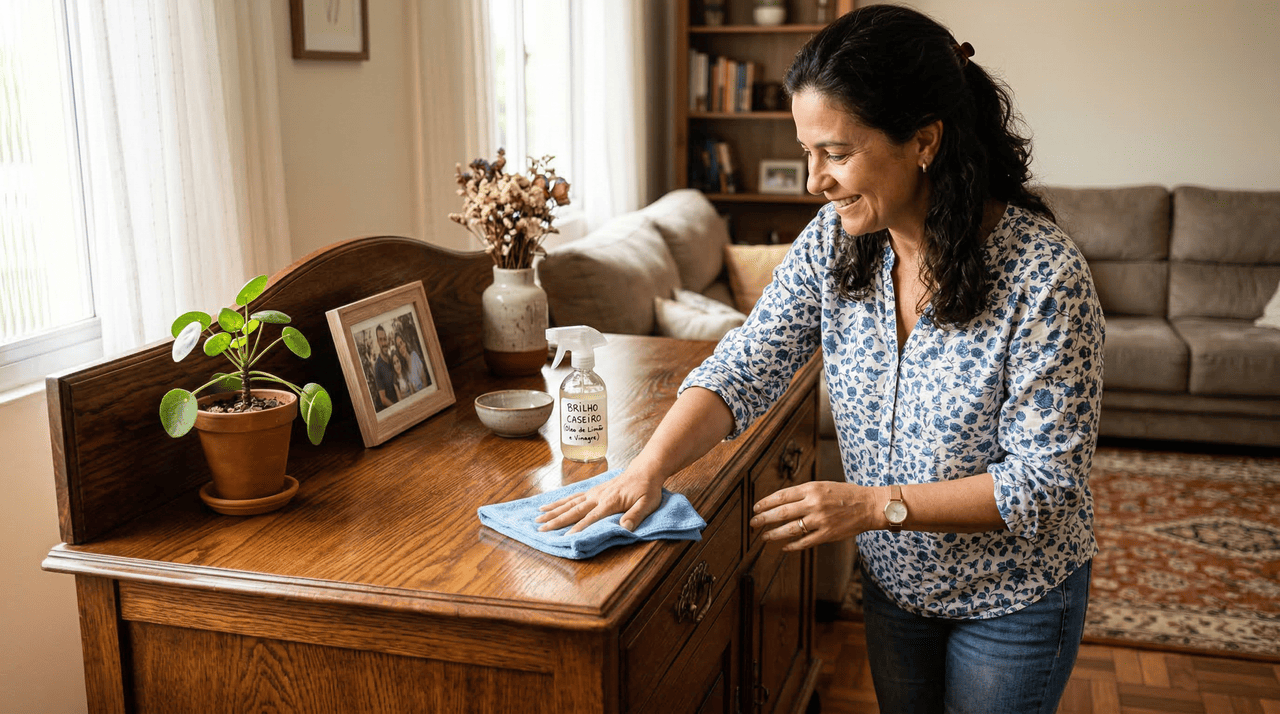 O pega-poeira de móveis é uma solução líquida para limpeza leve e manutenção de superfícies, com a função extra de reduzir a aderência da poeira