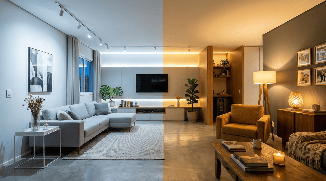 A principal diferença entre luz branca e luz amarela está na temperatura de cor, medida em Kelvin (K)