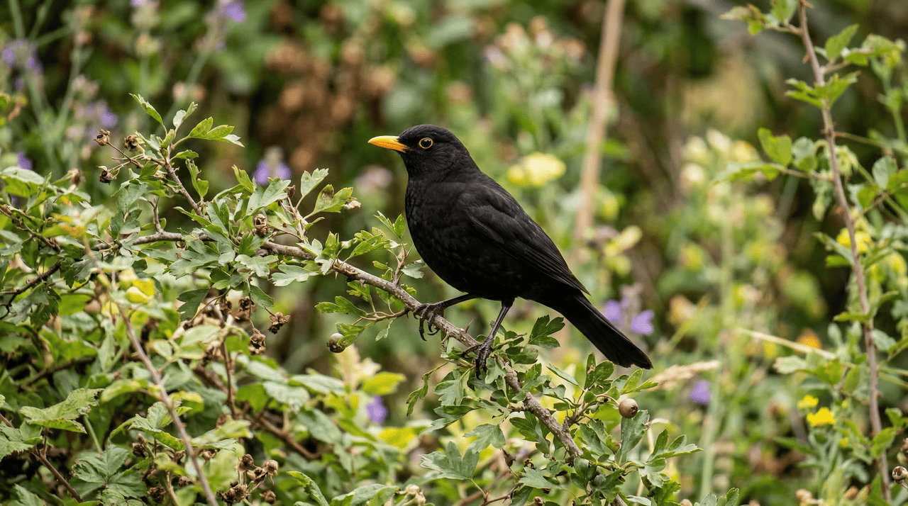 O hóspede regular dos jardins europeus é o melro-comum (Turdus merula), uma das aves mais reconhecíveis da fauna urbana e rural