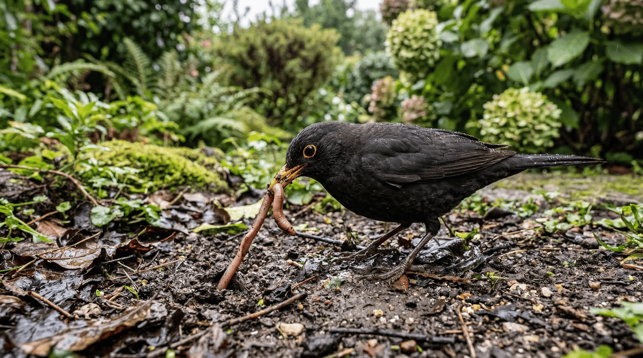 O hóspede regular dos jardins europeus é o melro-comum (Turdus merula), uma das aves mais reconhecíveis da fauna urbana e rural