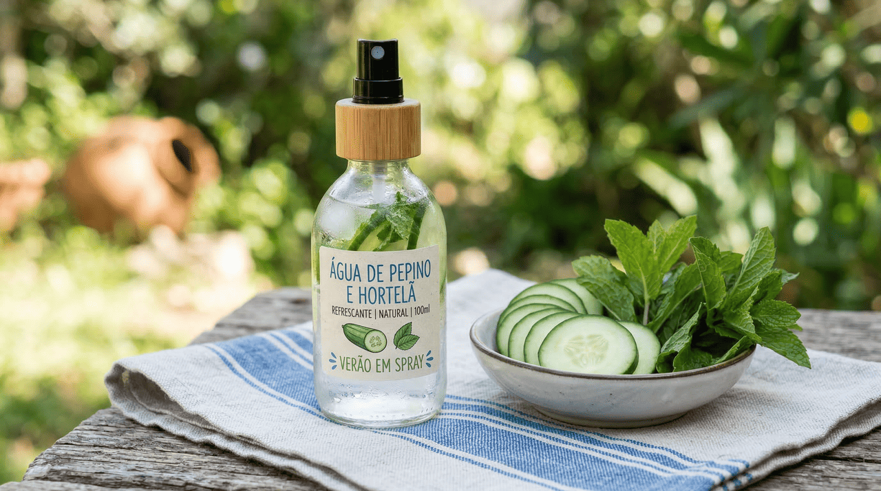 O spray hidratante com água de pepino e hortelã é um produto de apoio nos dias quentes, oferecendo hidratação leve, frescor imediato e sensação de alívio