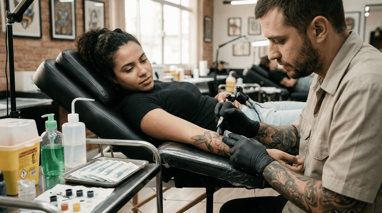 A cada sessão de tatuagem, agulhas perfuram a pele e inserem partículas de tinta em camadas mais profundas.