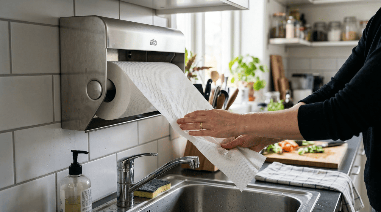 O rolo de papel toalha é um consumível voltado à secagem rápida das mãos, limpeza de superfícies e apoio em tarefas de higienização