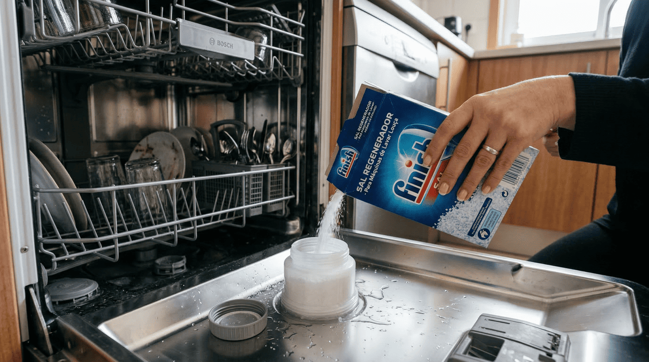 O sal para máquina de lavar louça é formulado para o sistema interno de amolecimento de água, diferente do sal de cozinha comum