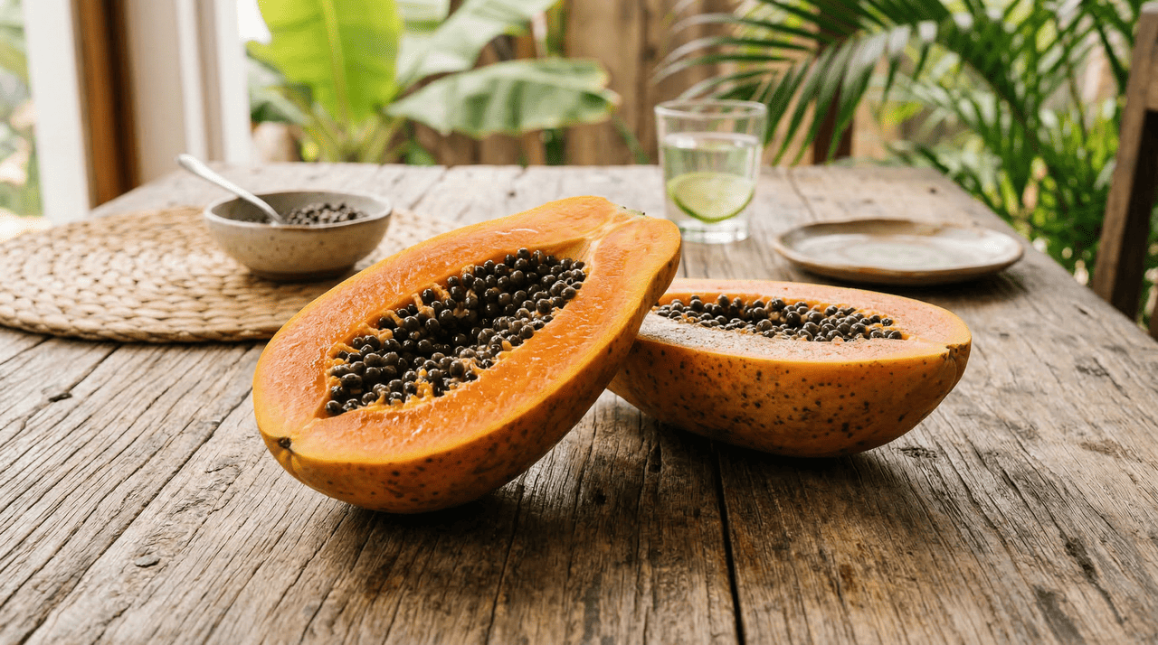 A papaína é uma enzima proteolítica encontrada em abundância nesta fruta tropical