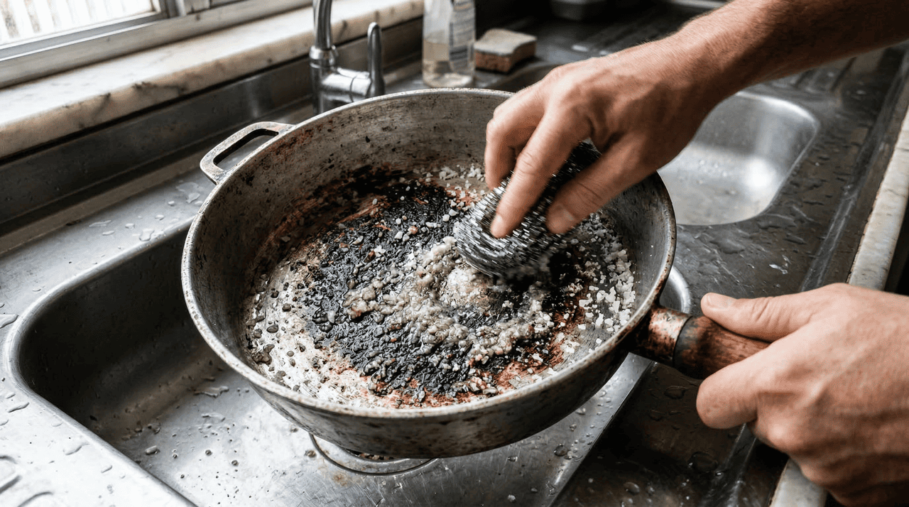 O cloreto de sódio atua como um excelente abrasivo natural que auxilia na remoção mecânica das partículas de alimento que grudam no metal durante o cozimento.