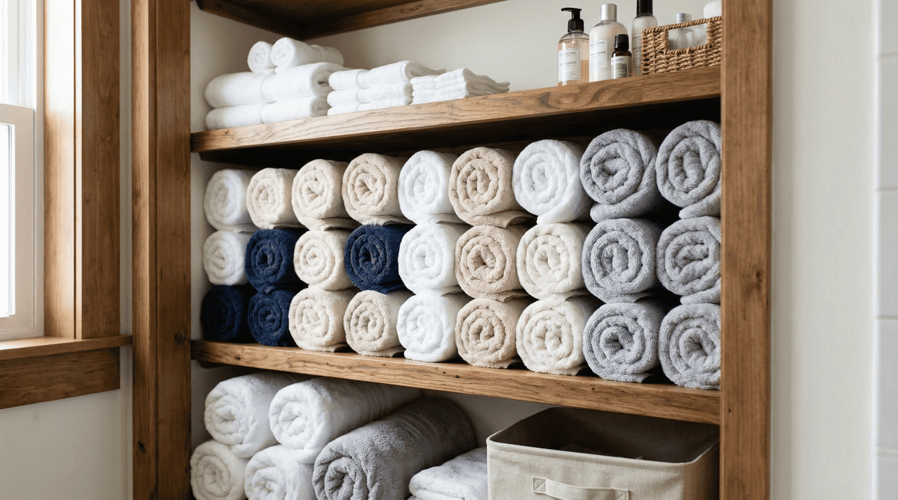 O sucesso de guardar toalhas enroladas está na forma como o volume das peças é distribuído