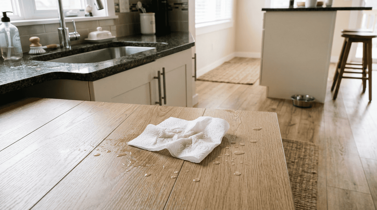 O chamado papel toalha no chão consiste em colocar uma folha de papel-toalha estrategicamente no piso, geralmente próxima à cuba da pia ou à porta da lava-louças