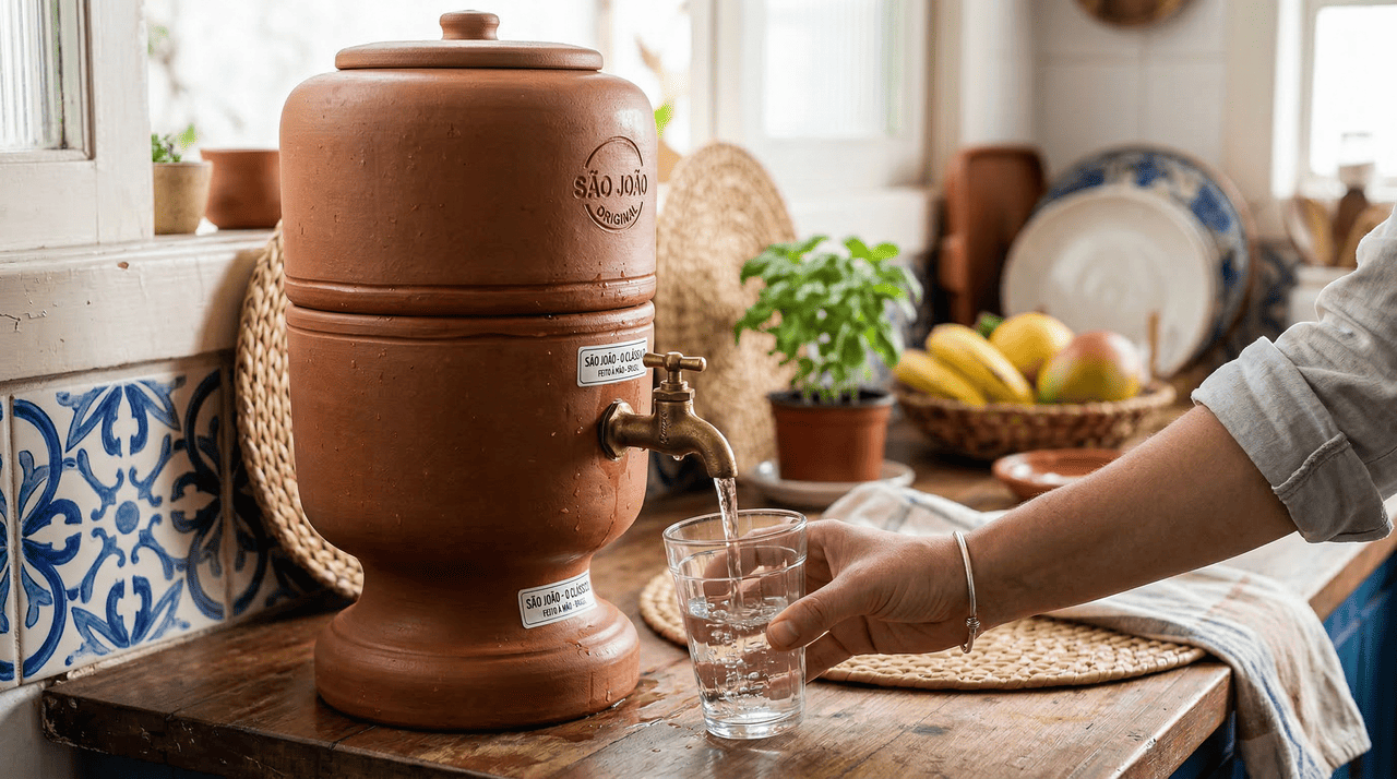 O filtro de barro é conhecido por melhorar a água que chega ao copo, atuando como uma etapa extra de proteção em casa