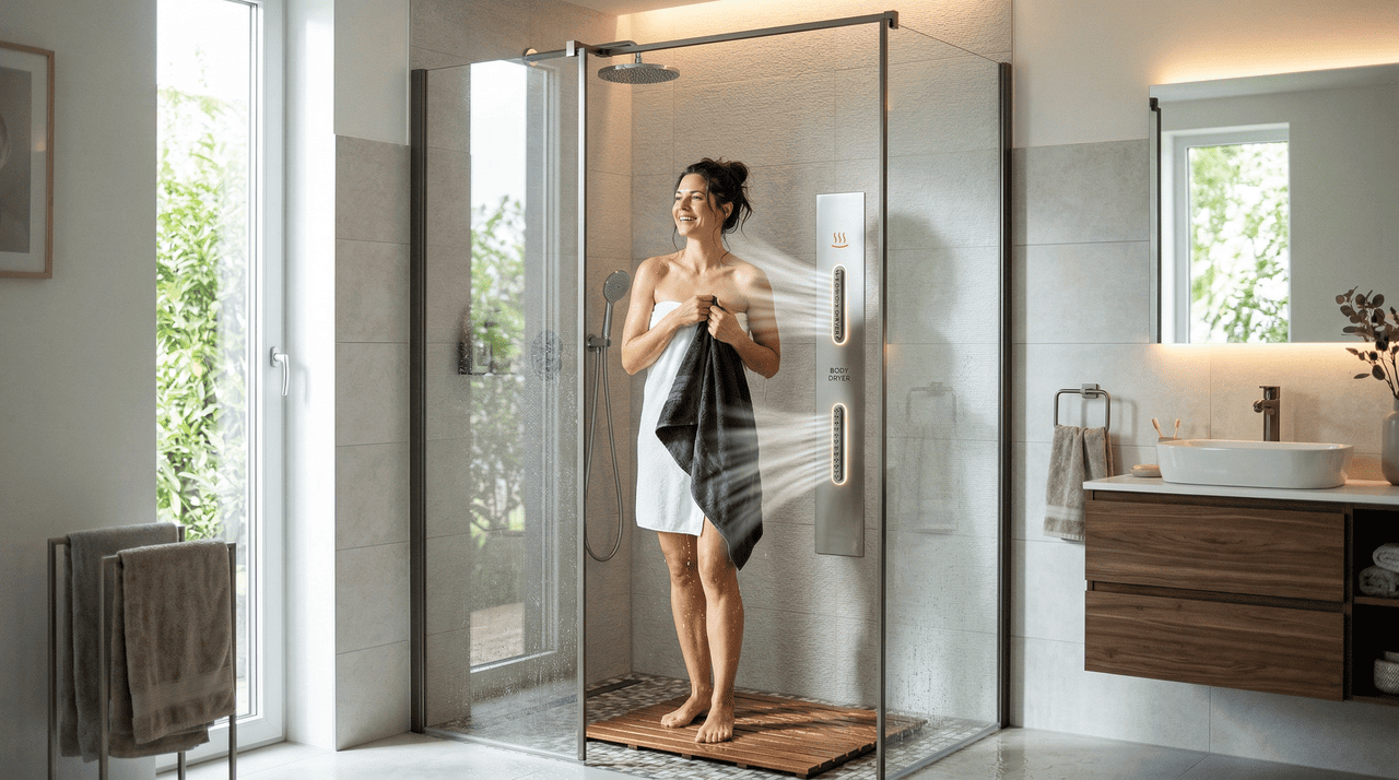 O sistema utiliza fluxos de ar quente ou em temperatura ambiente para remover as gotículas de água da pele de maneira uniforme e rápida logo após o banho