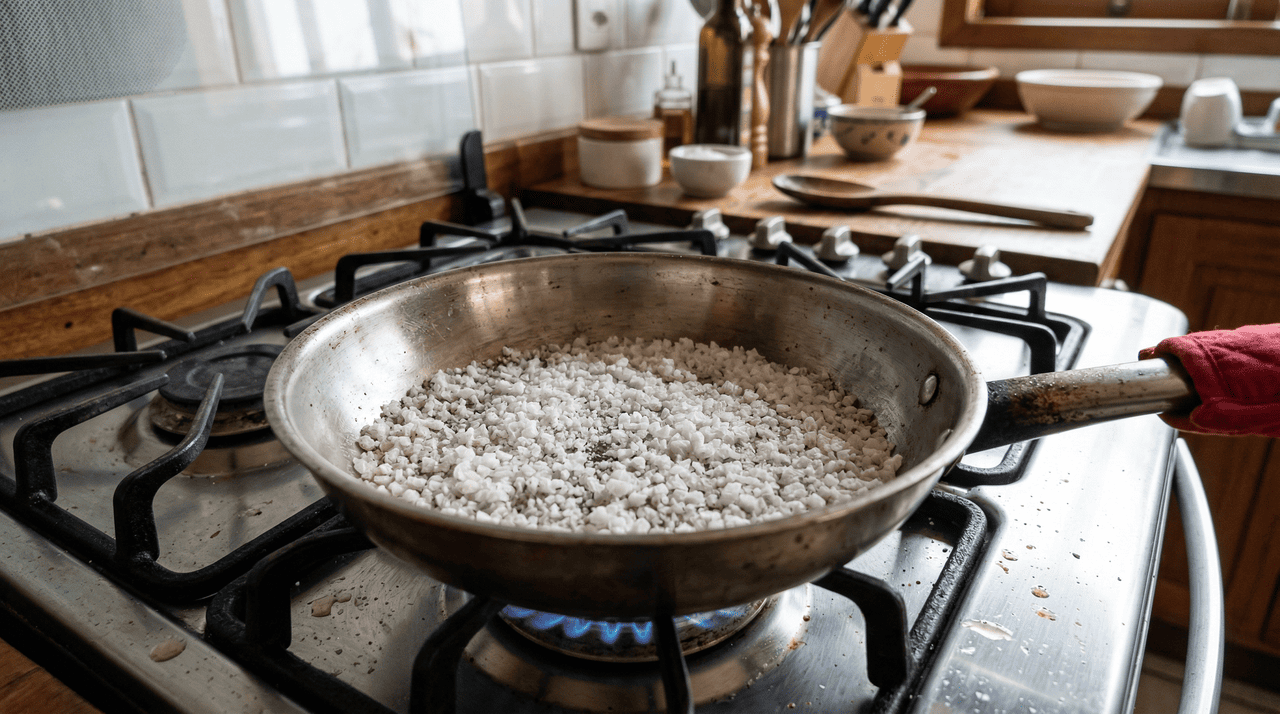 O sal grosso é composto por cristais de cloreto de sódio que possuem uma propriedade térmica valiosa na cozinha