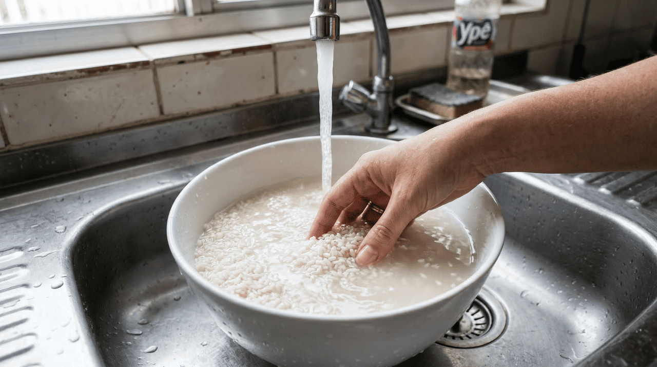 O processo é simples, mas exige repetição. Coloque a quantidade desejada de arroz em uma vasilha funda e cubra com água fria