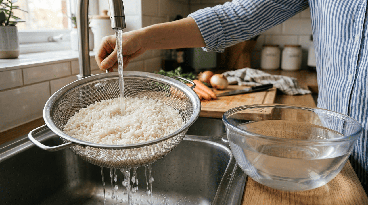 O processo é simples, mas exige repetição. Coloque a quantidade desejada de arroz em uma vasilha funda e cubra com água fria
