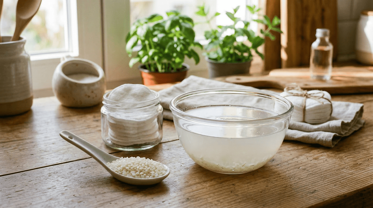 Preparar a água de arroz fermentada é simples e exige apenas dois ingredientes que você já tem na cozinha