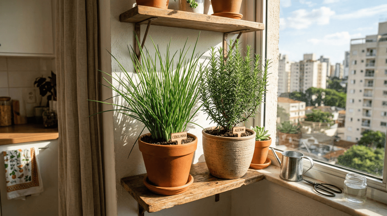 Mesmo em áreas reduzidas, é possível organizar a horta de forma funcional, usando prateleiras, suportes de parede ou jardins verticais improvisados.