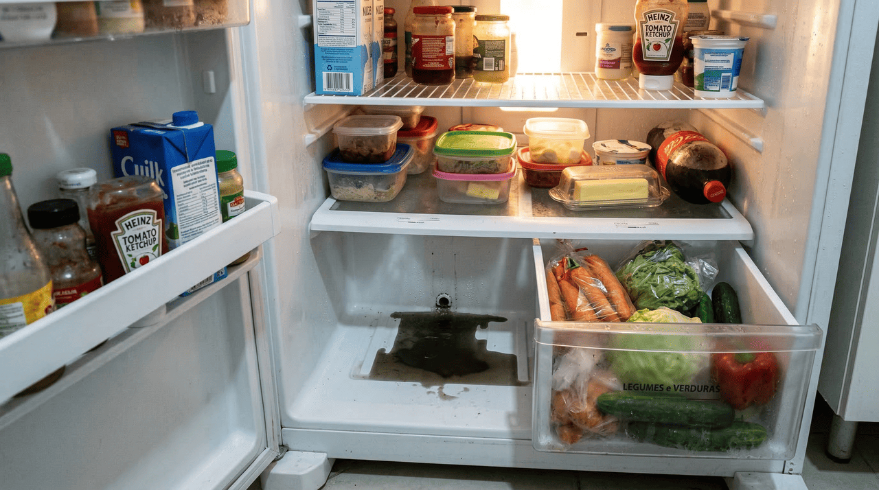 O acúmulo indesejado de líquido geralmente sinaliza que o sistema de escoamento não está conseguindo direcionar a umidade para o local correto durante o ciclo de funcionamento