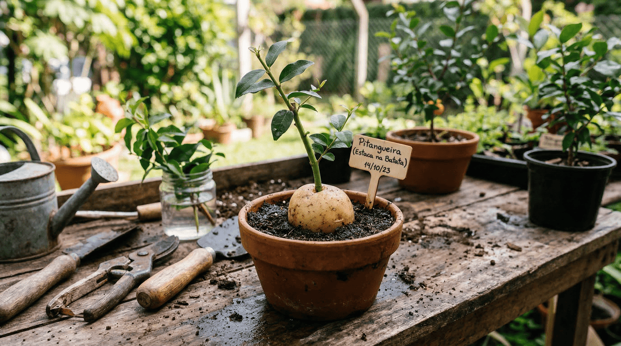 A batata-inglesa funciona como um reservatório natural de umidade e nutrientes que protege a base da estaca contra o ressecamento excessivo durante as primeiras semanas.