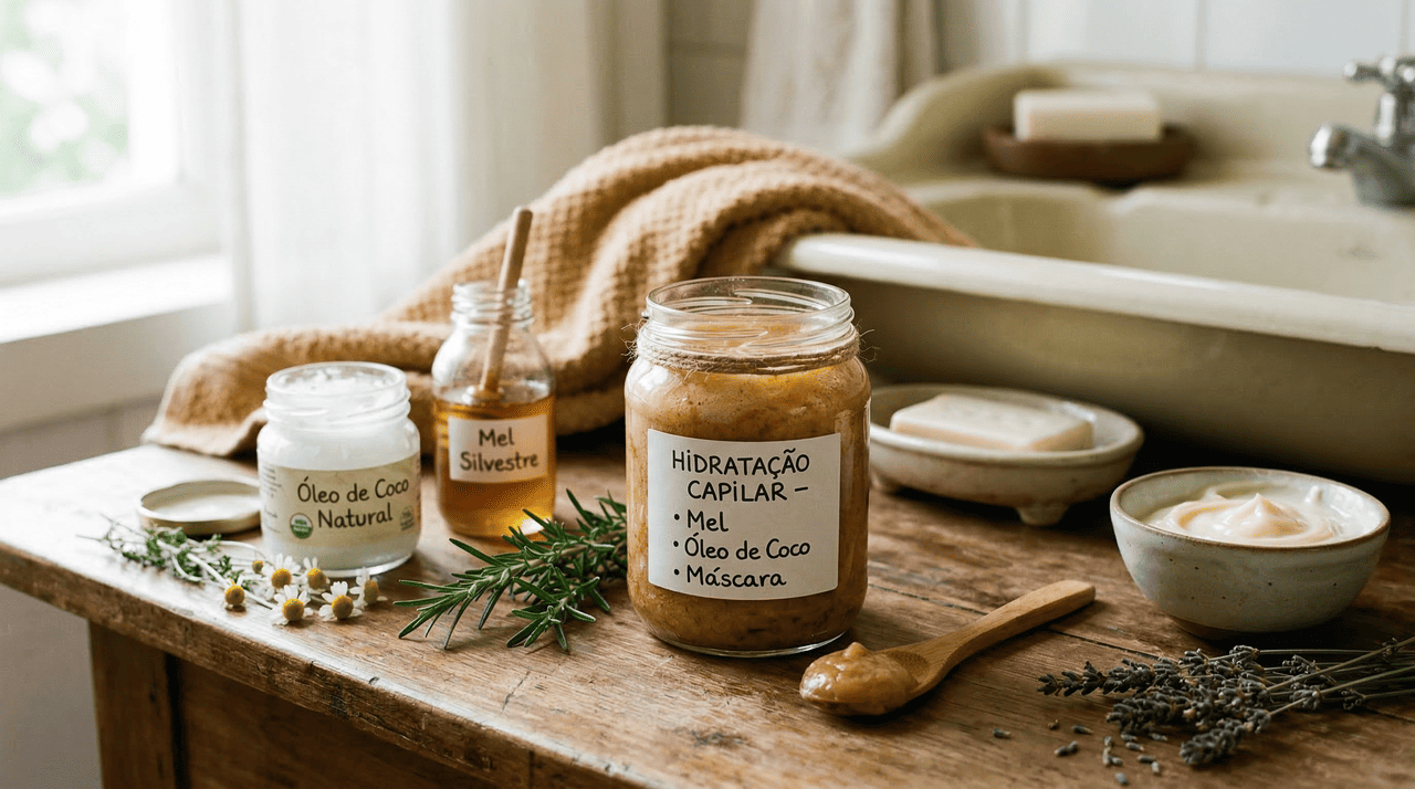 A chamada mistura de 3 ingredientes para cabelo extremamente macio reúne mel, óleo de coco e uma máscara hidratante de uso diário