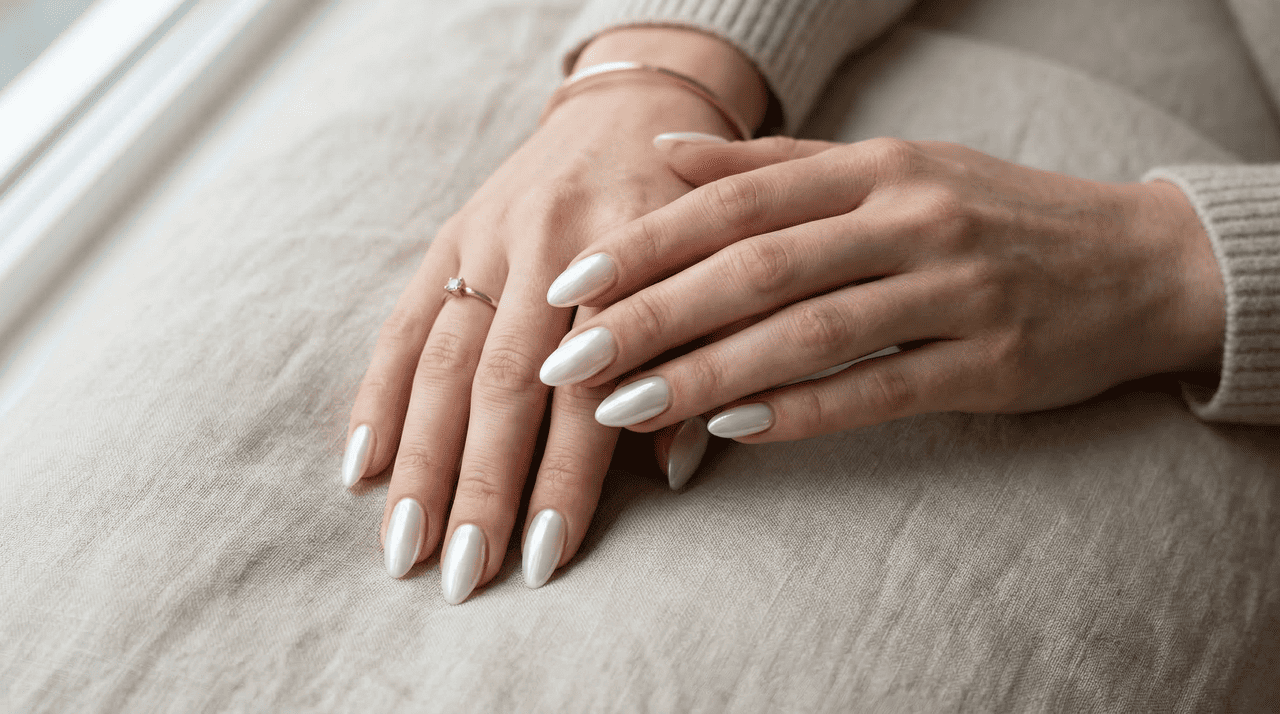 O esmalte branco perolado combina pigmento branco com partículas finas de brilho, criando um efeito iridescente que lembra porcelana ou concha do mar.