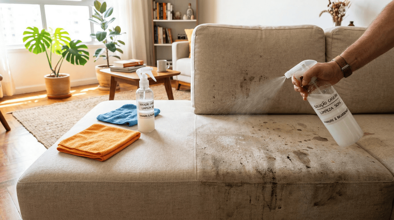 A preparação da misturinha tira-manchas de sofá e tapete é simples e pode ser feita em poucos minutos