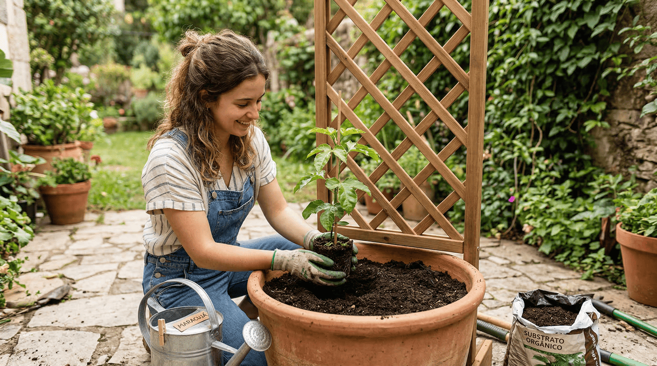 A escolha do recipiente é um dos fatores mais críticos para o sucesso do cultivo de maracujá fora do solo