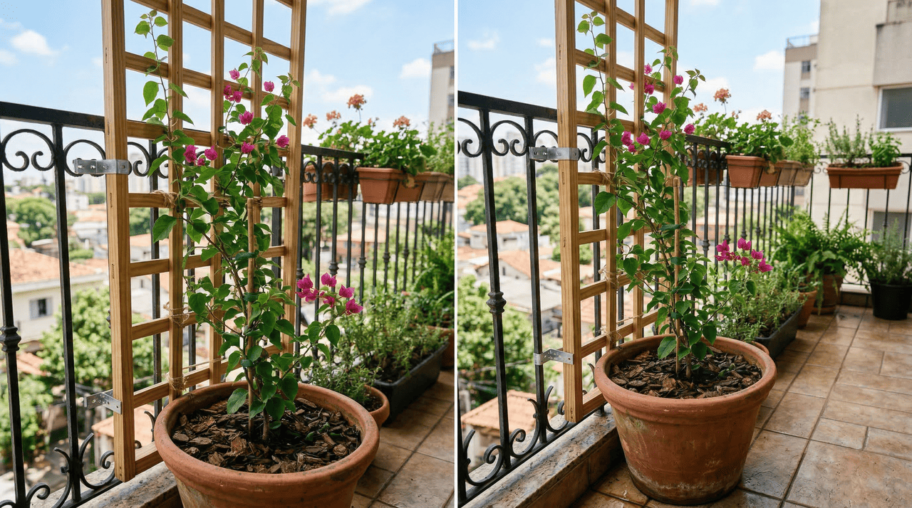 O cultivo de buganvília em vaso exige atenção especial ao tamanho do recipiente e à composição do substrato.