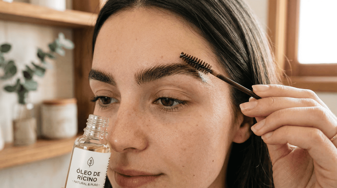 A mistura de óleo de rícino e aloe vera é frequentemente citada como aliada de quem deseja sobrancelhas mais cheias e definidas.