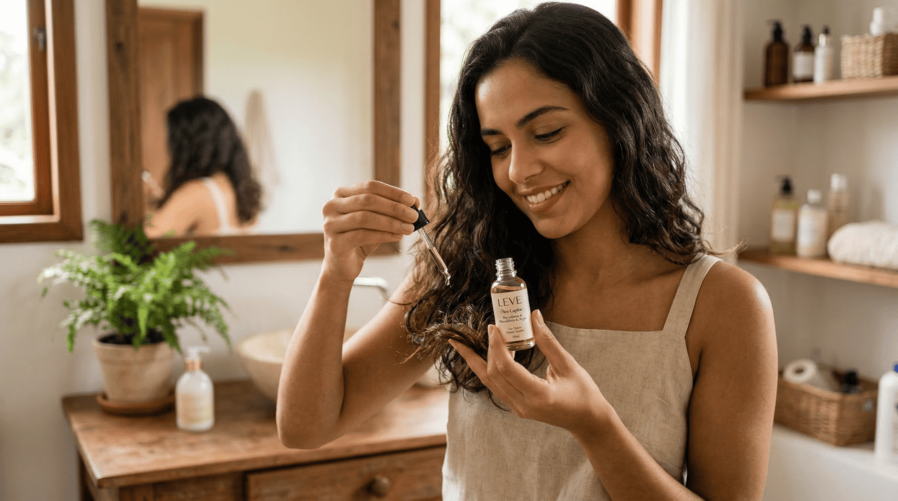 Óleos capilares leves têm textura mais fluida, espalham com facilidade e costumam ser formulados com moléculas menores ou misturas de óleos vegetais e silicones de toque seco