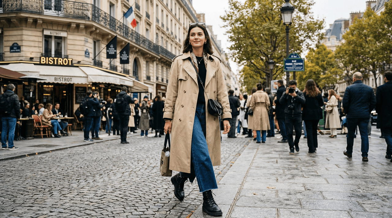 No street style Paris 2026, quatro frentes se destacam: o domínio do jeans, a volta da trench coat como peça-chave, a atualização dos florais e a releitura do officewear.