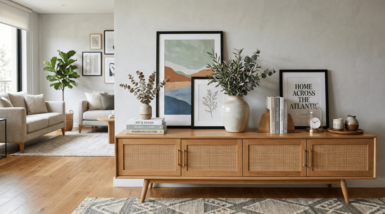 Antes de pensar em enfeites, vale usar o aparador como ponto de apoio estratégico