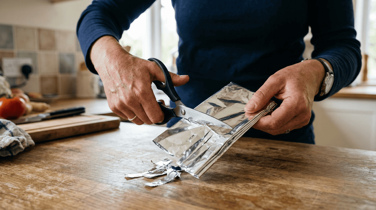 O truque do papel alumínio consiste em dobrar uma folha desse material várias vezes e realizar cortes sucessivos com a lâmina desgastada