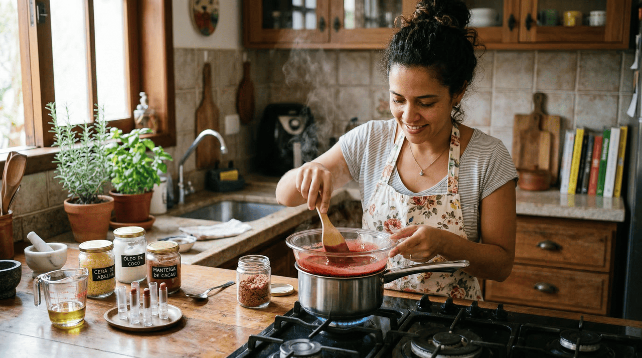 O batom caseiro é um cosmético preparado em casa a partir de uma base gordurosa combinada com ceras e pigmentos próprios para uso em pele