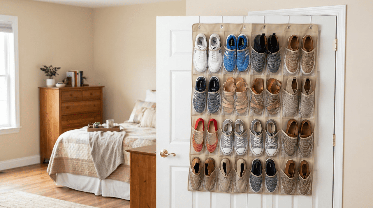 A sapateira atrás da porta funciona bem em ambientes compactos, como quitinetes e dormitórios pequenos.