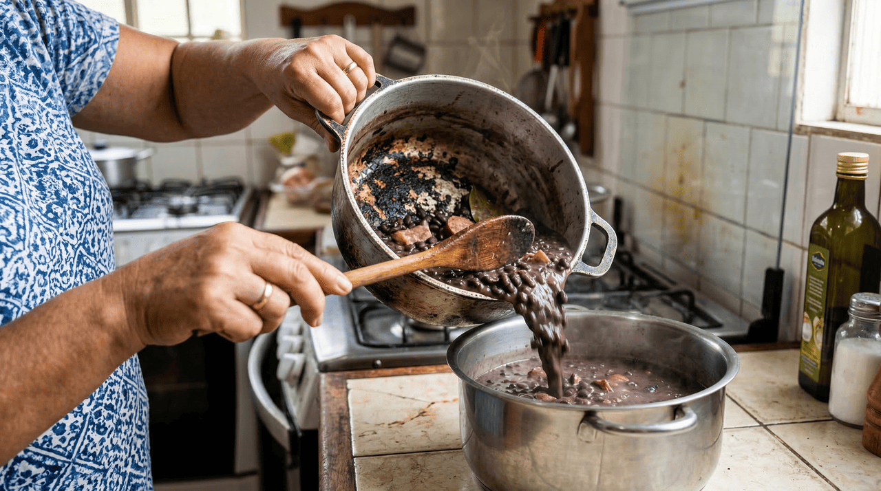 Quando o feijão passa do ponto e começa a queimar, o problema costuma ficar concentrado no fundo da panela.