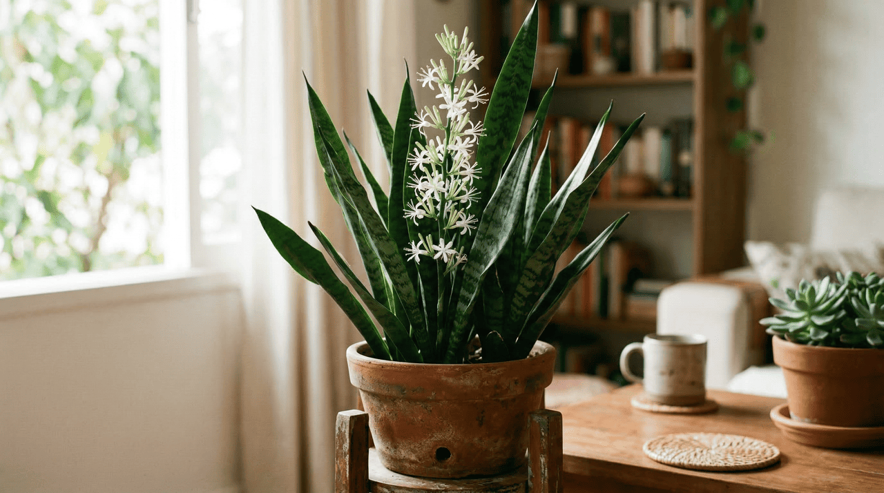 A manifestação floral em uma planta conhecida por sua resistência extrema representa a transição da sobrevivência para a abundância plena dentro de um espaço decorado com consciência.
