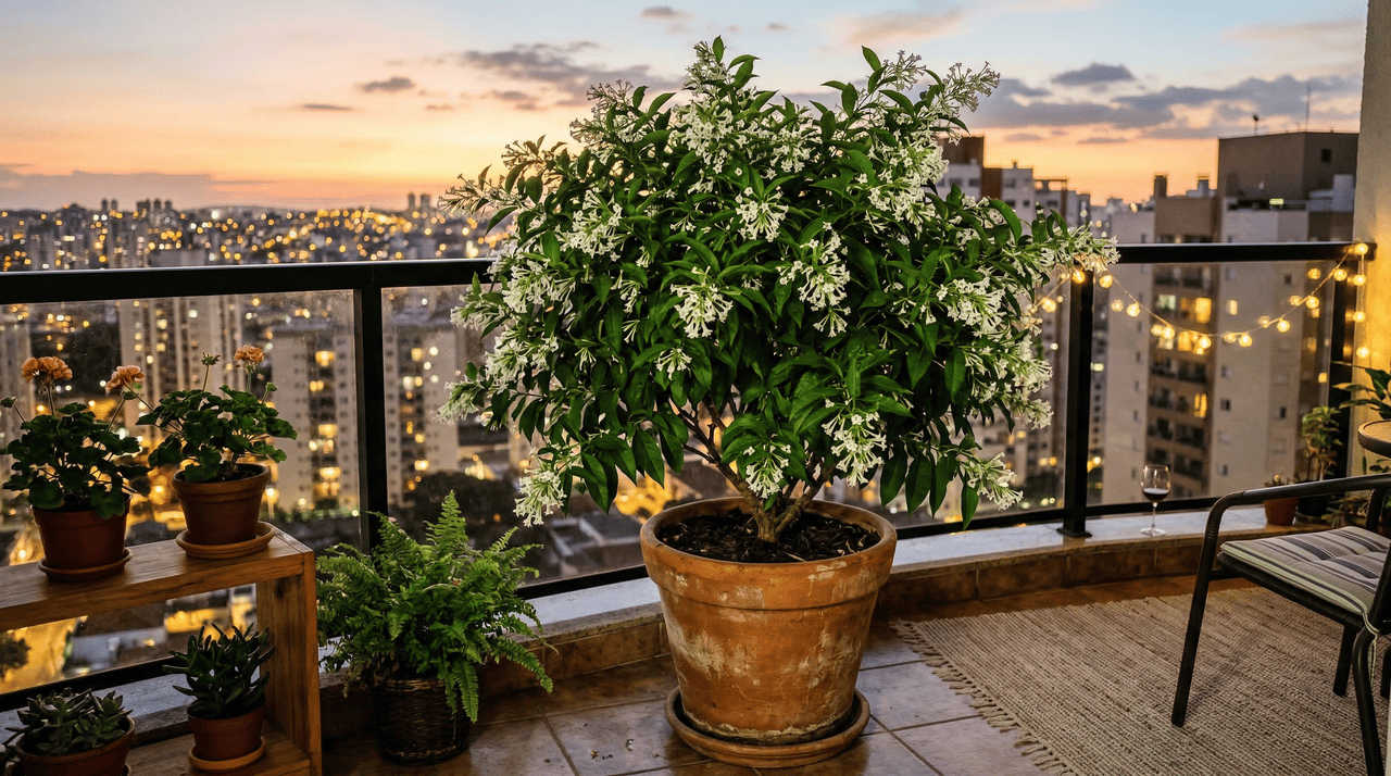 A dama-da-noite é uma planta que se adapta com facilidade aos vasos, permitindo que moradores de apartamentos desfrutem de seu aroma marcante sem a necessidade de grandes canteiros