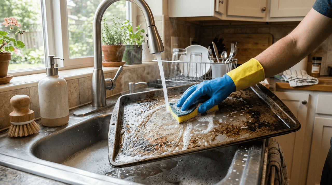 Para a rotina, comece retirando o excesso de resíduos soltos com papel-toalha ou utensílio de silicone, sem raspar a superfície com força