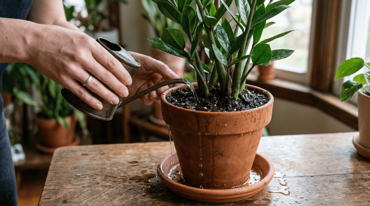 O método ideal para regar a Zamioculcas é chamado de irrigação profunda com secagem completa