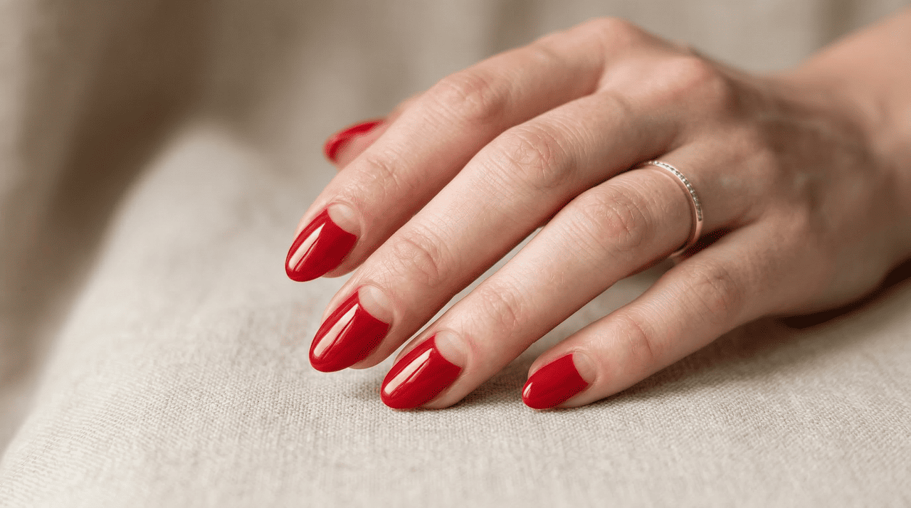 A unha meia-lua, ou “half-moon nails”, é uma técnica em que a base da unha fica em destaque, formando um desenho arredondado visível próximo à cutícula.