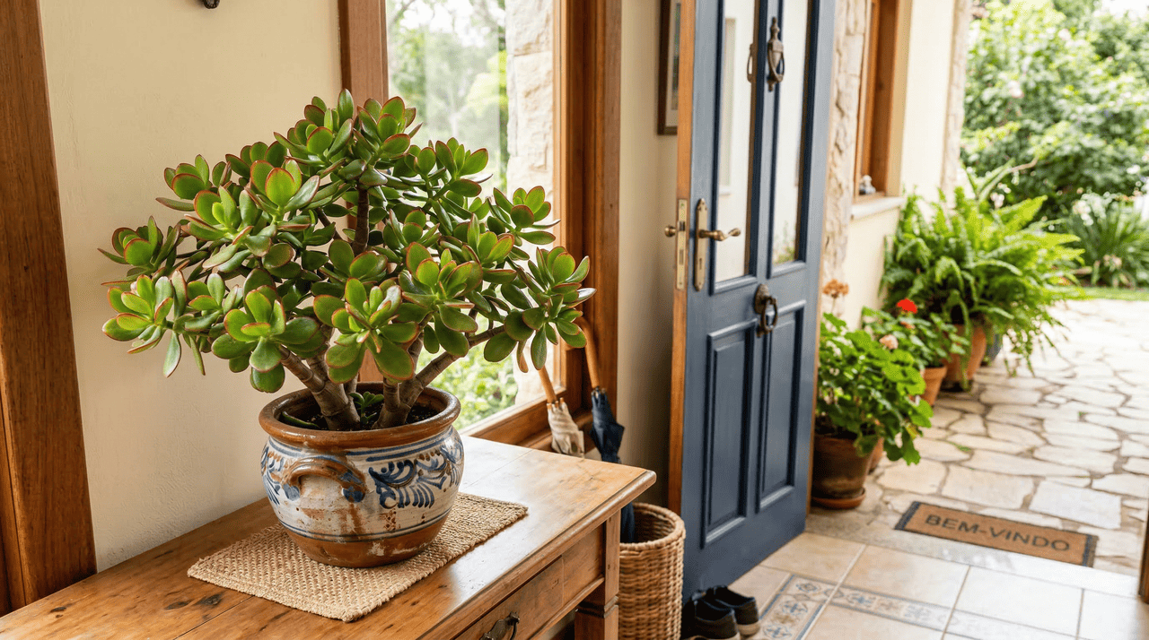 Posicionar a planta próxima ao portal principal ajuda a filtrar as vibrações e simboliza o convite para que a abundância entre livremente na residência.