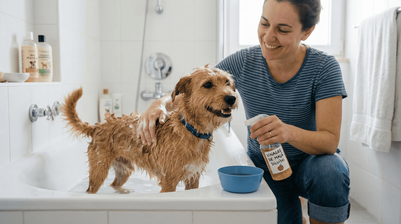 O vinagre de maçã é reconhecido por suas propriedades antissépticas que auxiliam na limpeza profunda dos pelos sem remover a hidratação natural